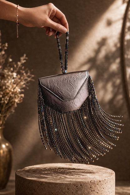 Gunmetal Grey Vegan Leather Fringe Embellished Clutch