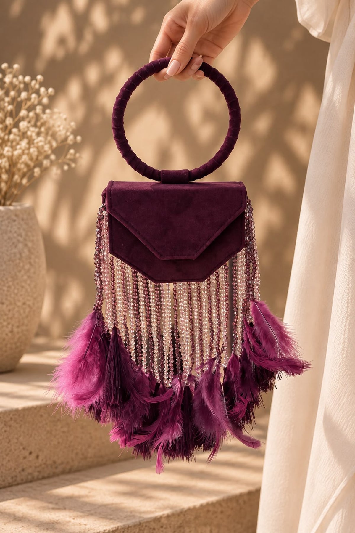 Wine Suede Fringe Embellished Clutch