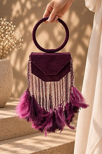 Wine Suede Fringe Embellished Clutch