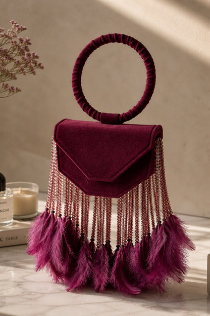 Wine Suede Fringe Embellished Clutch