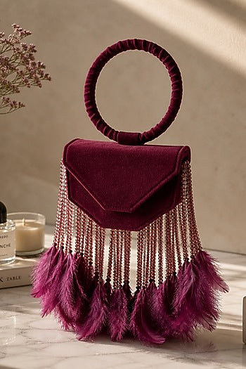 Wine Suede Fringe Embellished Clutch