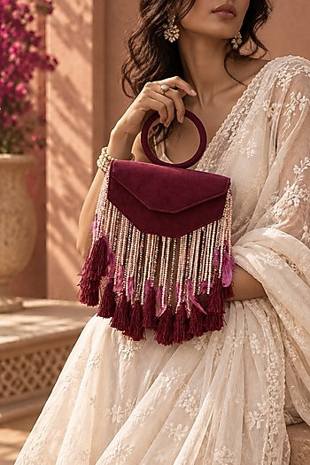 Wine Suede Fringe Embellished Clutch
