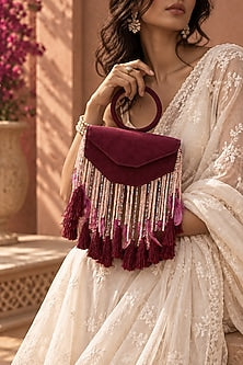 Wine Suede Fringe Embellished Clutch