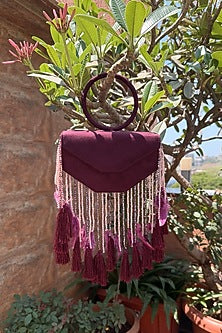 Wine Suede Fringe Embellished Clutch