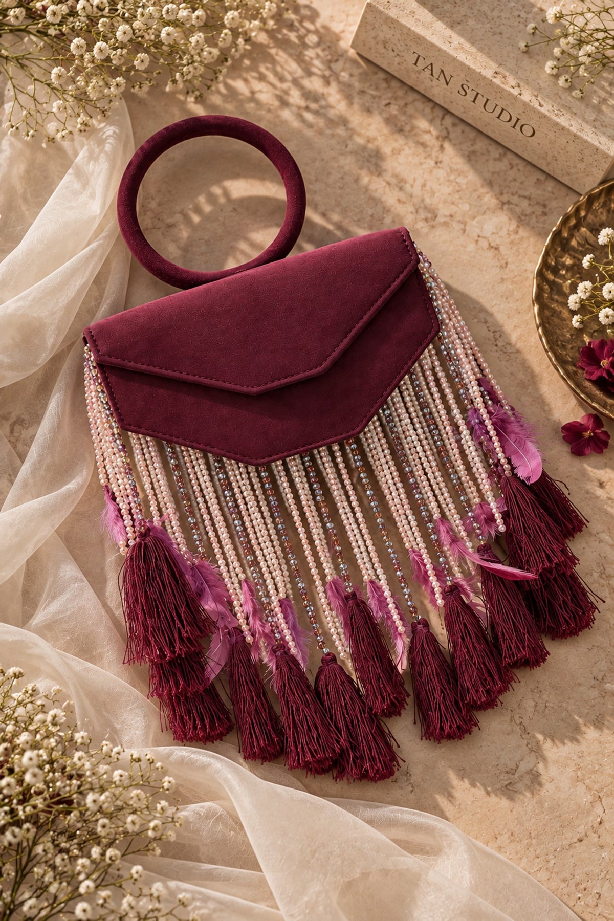 Wine Suede Fringe Embellished Clutch