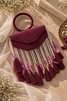 Wine Suede Fringe Embellished Clutch