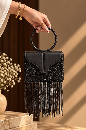 Black Vegan Leather Fringe Embellished Rectangular Clutch
