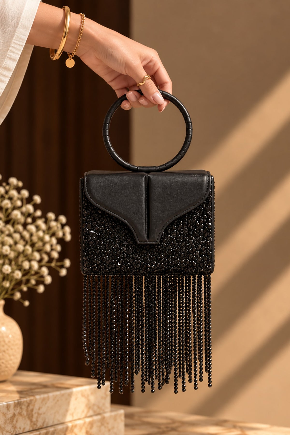 Black Vegan Leather Fringe Embellished Rectangular Clutch