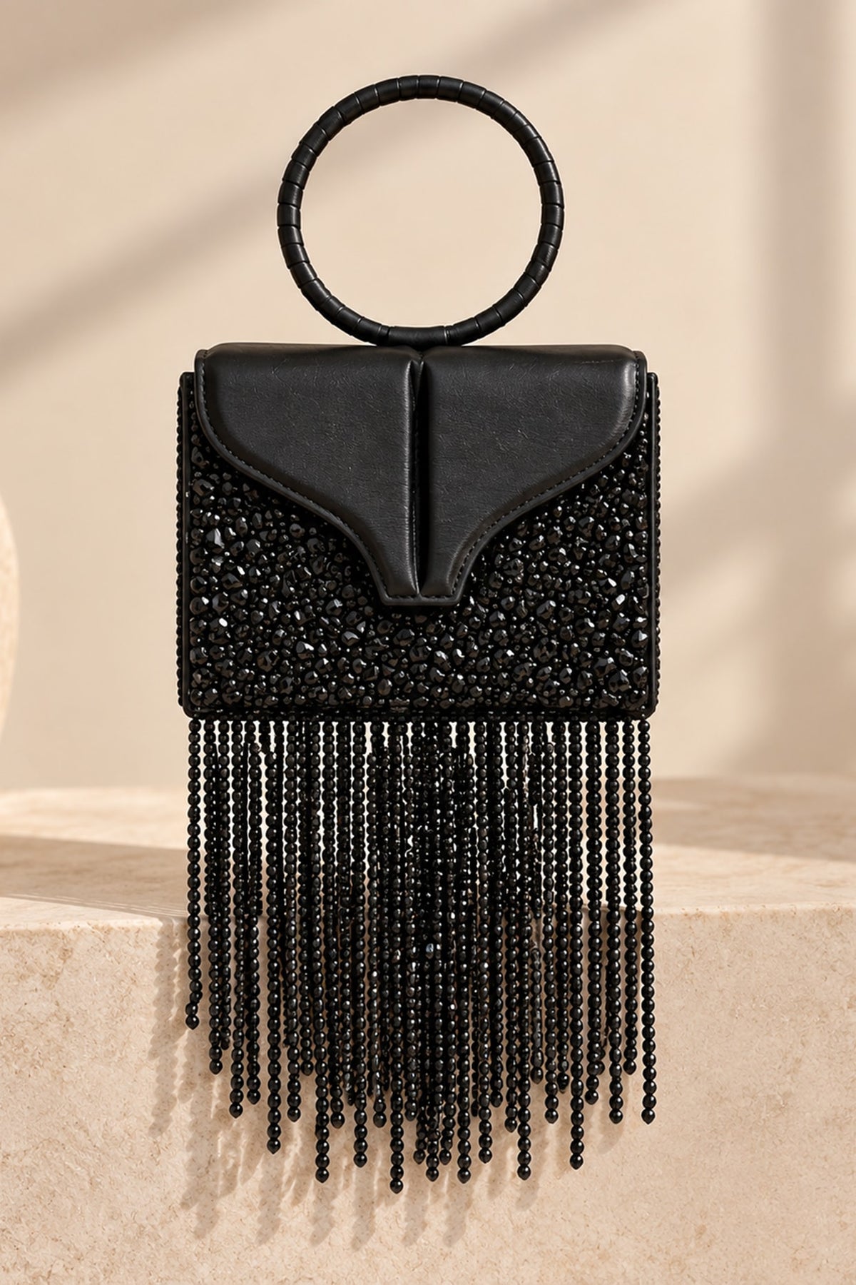 Black Vegan Leather Fringe Embellished Rectangular Clutch