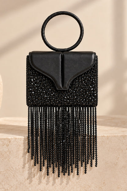 Black Vegan Leather Fringe Embellished Rectangular Clutch
