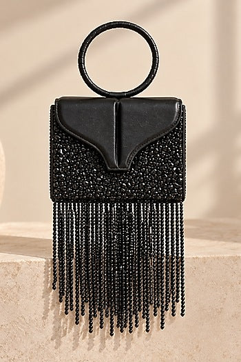 Black Vegan Leather Fringe Embellished Rectangular Clutch