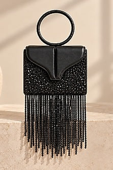 Black Vegan Leather Fringe Embellished Rectangular Clutch