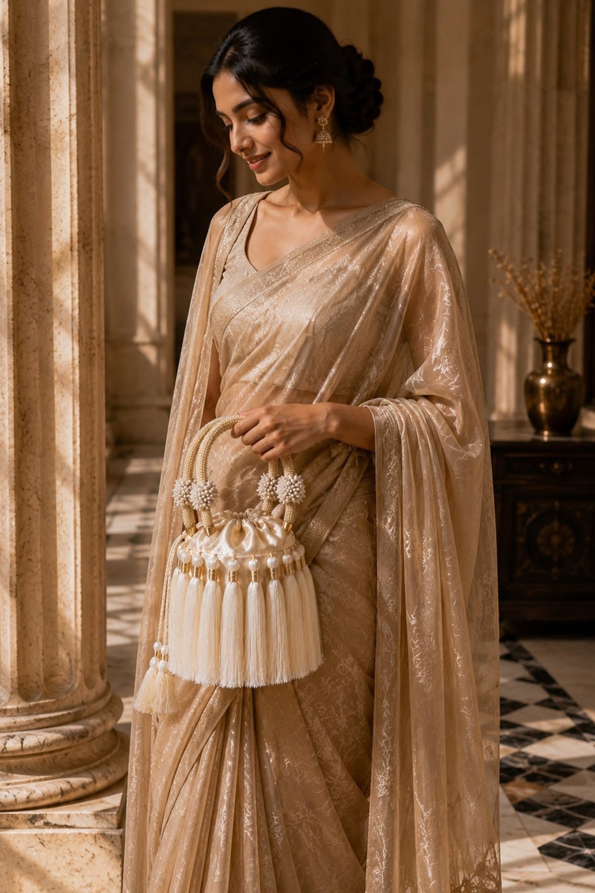 Ivory Satin Fringe Embellished Potli