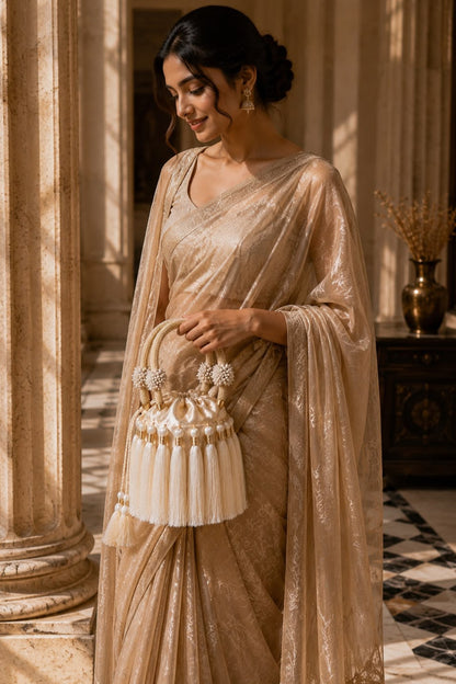 Ivory Satin Fringe Embellished Potli