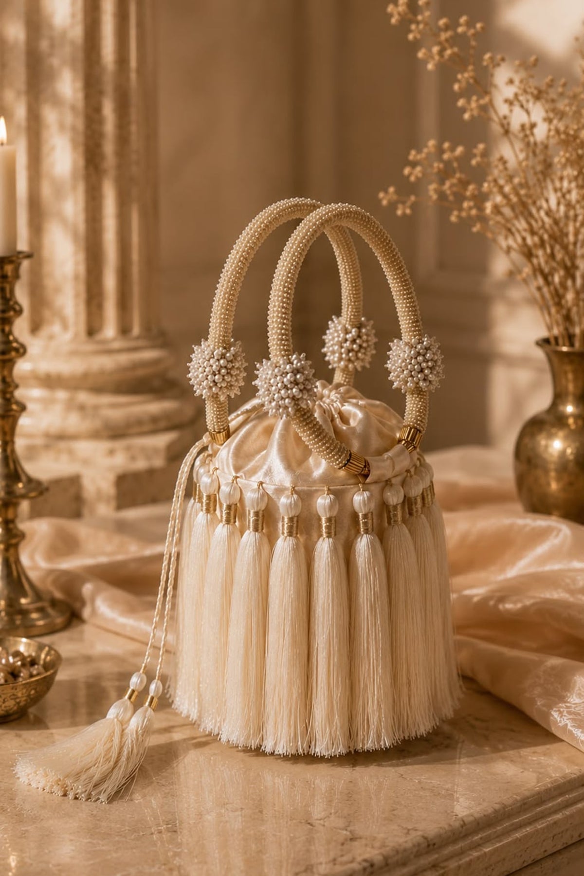 Ivory Satin Fringe Embellished Potli