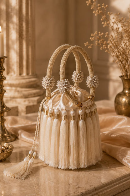 Ivory Satin Fringe Embellished Potli