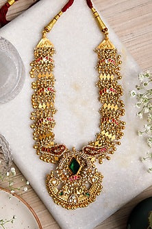 Gold Finish Kundan Polki & Semi-Precious Stone Long Necklace In Sterling Silver