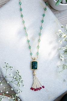 Gold Finish Carved Gemstone & Beaded Mala In Sterling Silver