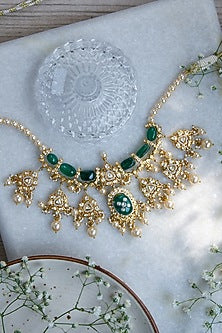 Gold Finish Moissanite Polki & Pearl Necklace In Sterling Silver