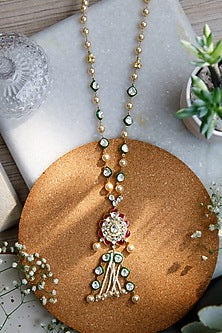 Gold Finish Semi-Precious Stone & Kundan Polki Mala In Sterling Silver