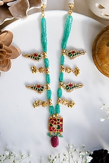 Gold Finish Kundan Polki & Beaded Long Necklace In Sterling Silver