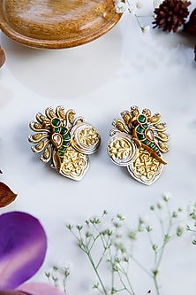 Two-Tone Finish Kundan Polki Stud Earrings In Sterling Silver
