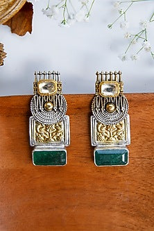 Two-Tone Finish Semi-Precious Emerald Dangler Earrings In Sterling Silver