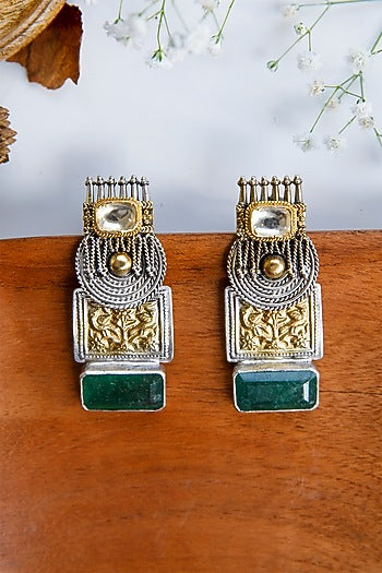 Two-Tone Finish Semi-Precious Emerald Dangler Earrings In Sterling Silver