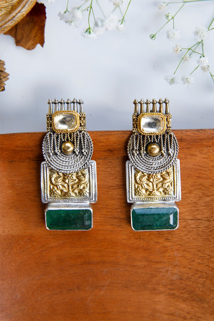 Two-Tone Finish Semi-Precious Emerald Dangler Earrings In Sterling Silver