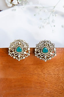 Gold Finish Moissanite Polki Stud Earrings In Sterling Silver