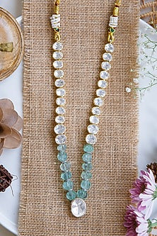 Gold Finish Kundan Polki & Beaded Long Necklace Set In Sterling Silver