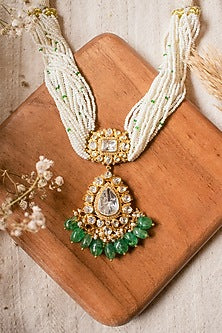 Gold Finish Moissanite Polki & Beaded Choker Necklace In Sterling Silver