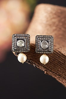 Two Tone Finish Diamond & Pearls Stud Earrings In Sterling Silver