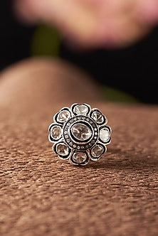 Two Tone Finish Diamond Floral Ring In Sterling Silver
