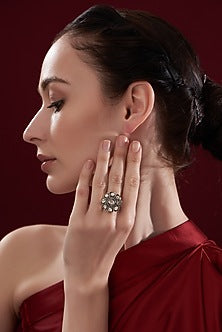 Two Tone Finish Diamond Floral Ring In Sterling Silver