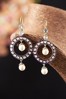 Two Tone Finish Pearl & Diamond Dangler Earrings In Sterling Silver