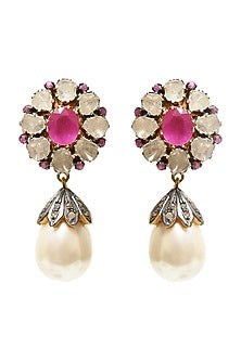 Two Tone Finish Fuchsia Stone Earrings In Sterling Silver