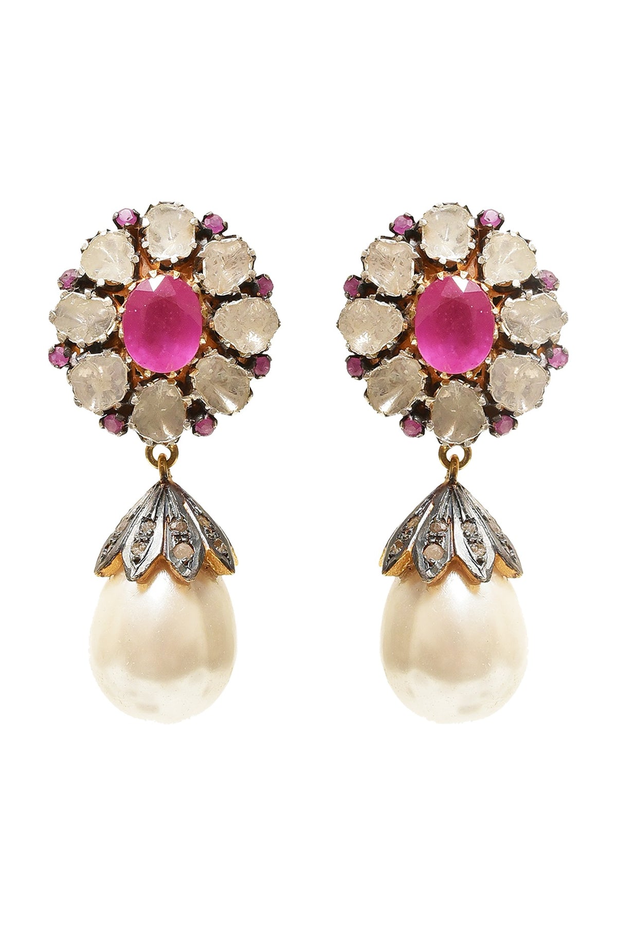Two Tone Finish Fuchsia Stone Earrings In Sterling Silver