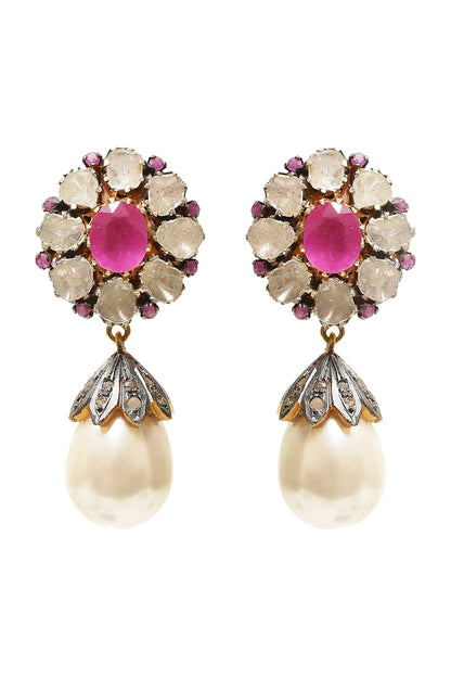 Two Tone Finish Fuchsia Stone Earrings In Sterling Silver