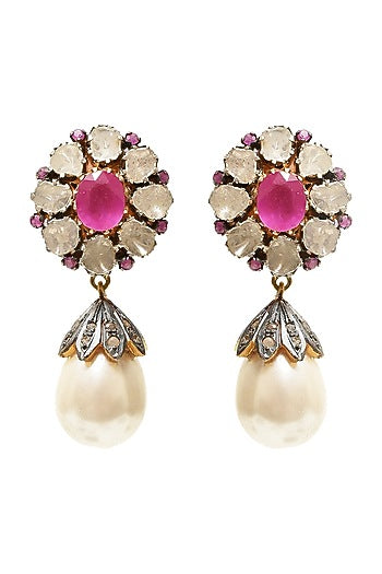 Two Tone Finish Fuchsia Stone Earrings In Sterling Silver