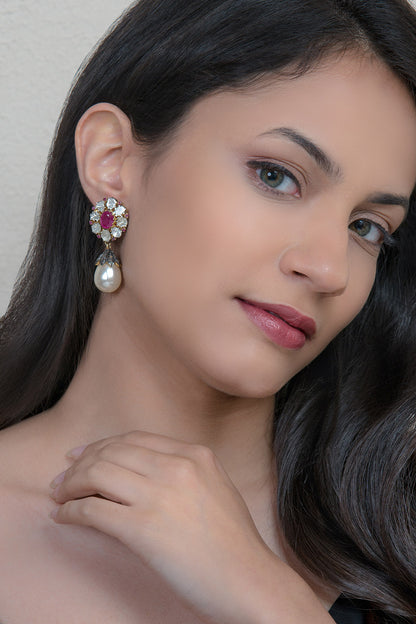 Two Tone Finish Fuchsia Stone Earrings In Sterling Silver