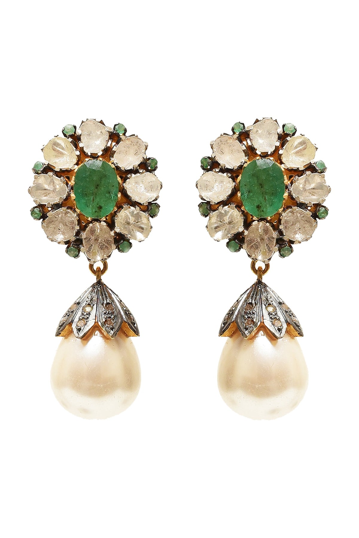 Two Tone Finish Green Stone Earrings In Sterling Silver