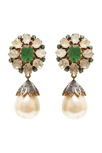 Two Tone Finish Green Stone Earrings In Sterling Silver