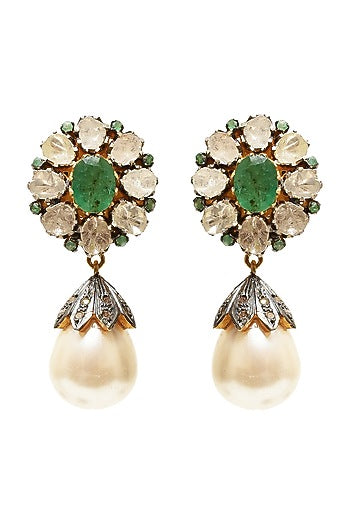 Two Tone Finish Green Stone Earrings In Sterling Silver