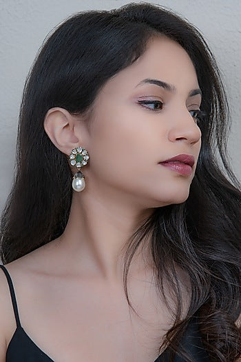 Two Tone Finish Green Stone Earrings In Sterling Silver