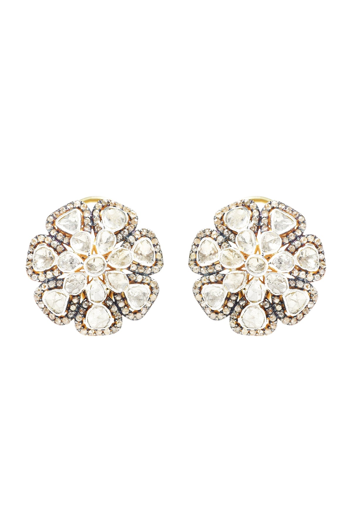 Two-Tone Finish Diamond Polki Stud Earrings In Sterling Silver