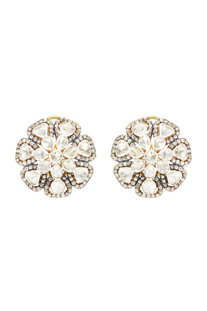 Two-Tone Finish Diamond Polki Stud Earrings In Sterling Silver