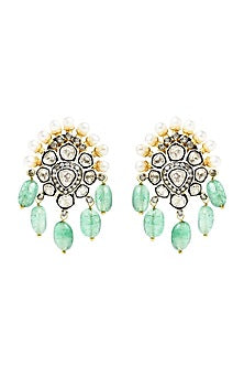 Two-Tone Finish Pearl & Emerald Dangler Earrings In Sterling Silver