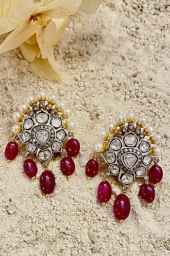Two-Tone Finish Pearl & Ruby Dangler Earrings In Sterling Silver