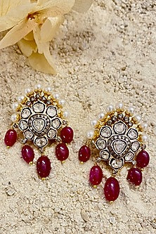 Two-Tone Finish Pearl & Ruby Dangler Earrings In Sterling Silver